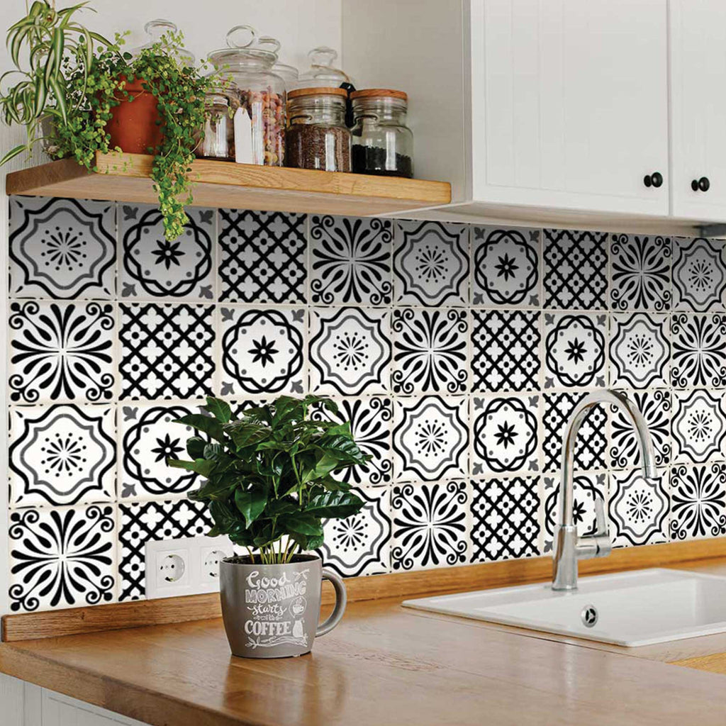 LuxxHomes  4" X 4" Black and White Multi Peel and Stick Removable Tiles