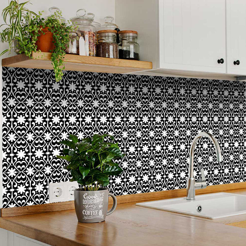 LuxxHomes  4" X 4" Black and White Floral Peel and Stick Removable Tiles