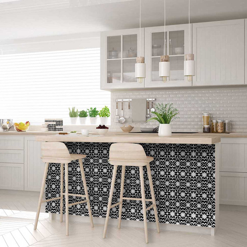 LuxxHomes  4" X 4" Black and White Floral Peel and Stick Removable Tiles