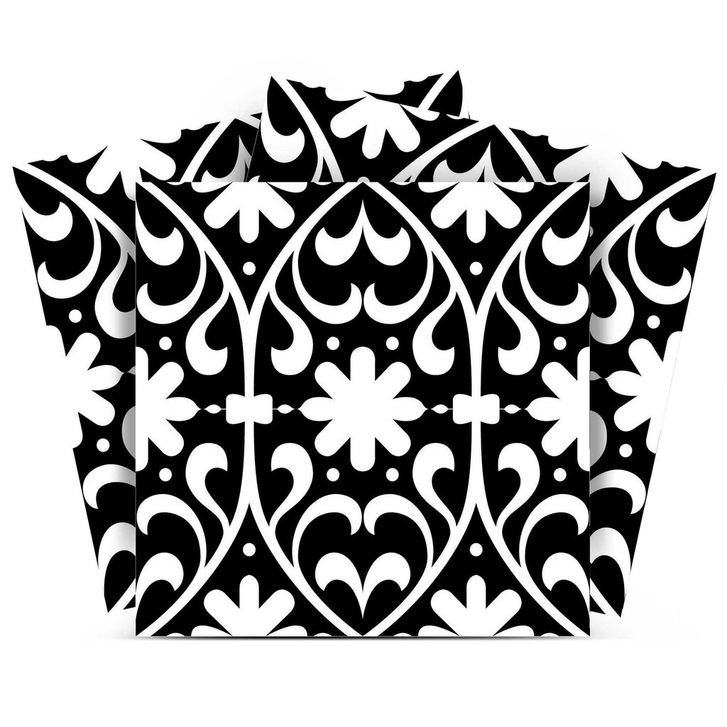 LuxxHomes  4" X 4" Black and White Floral Peel and Stick Removable Tiles