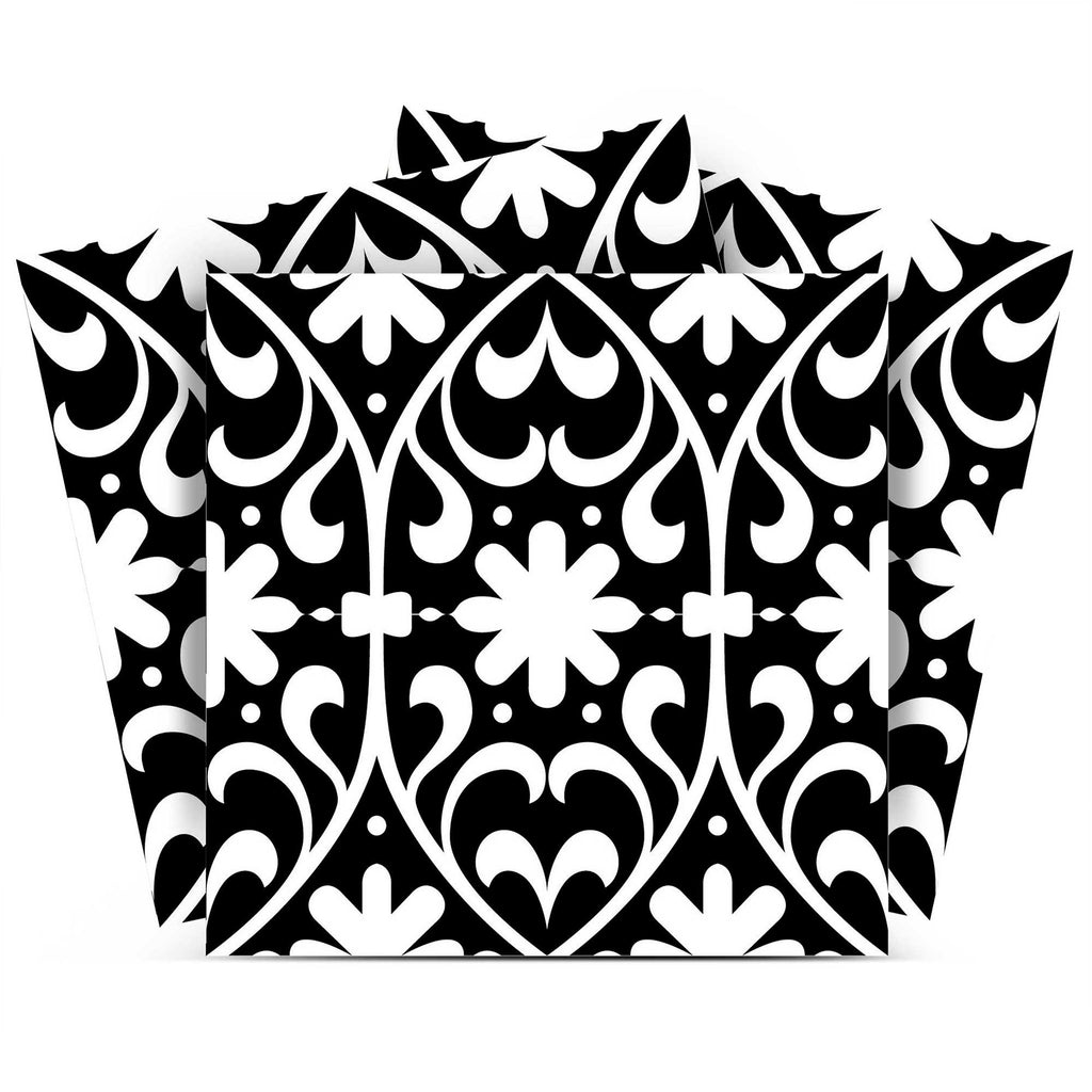 LuxxHomes  4" X 4" Black and White Floral Peel and Stick Removable Tiles