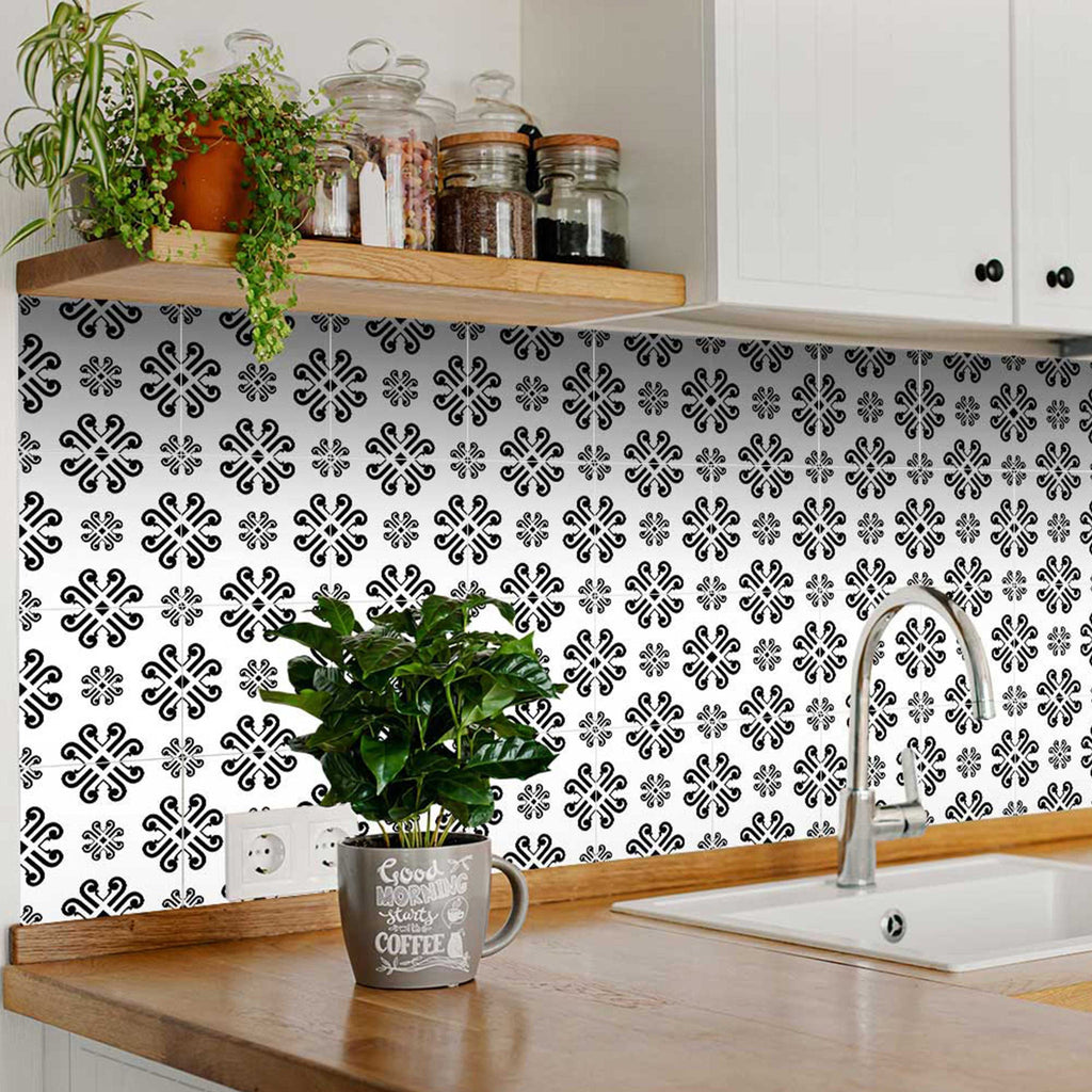 LuxxHomes  4" X 4" Black and White Daisy Peel and Stick Removable Tiles