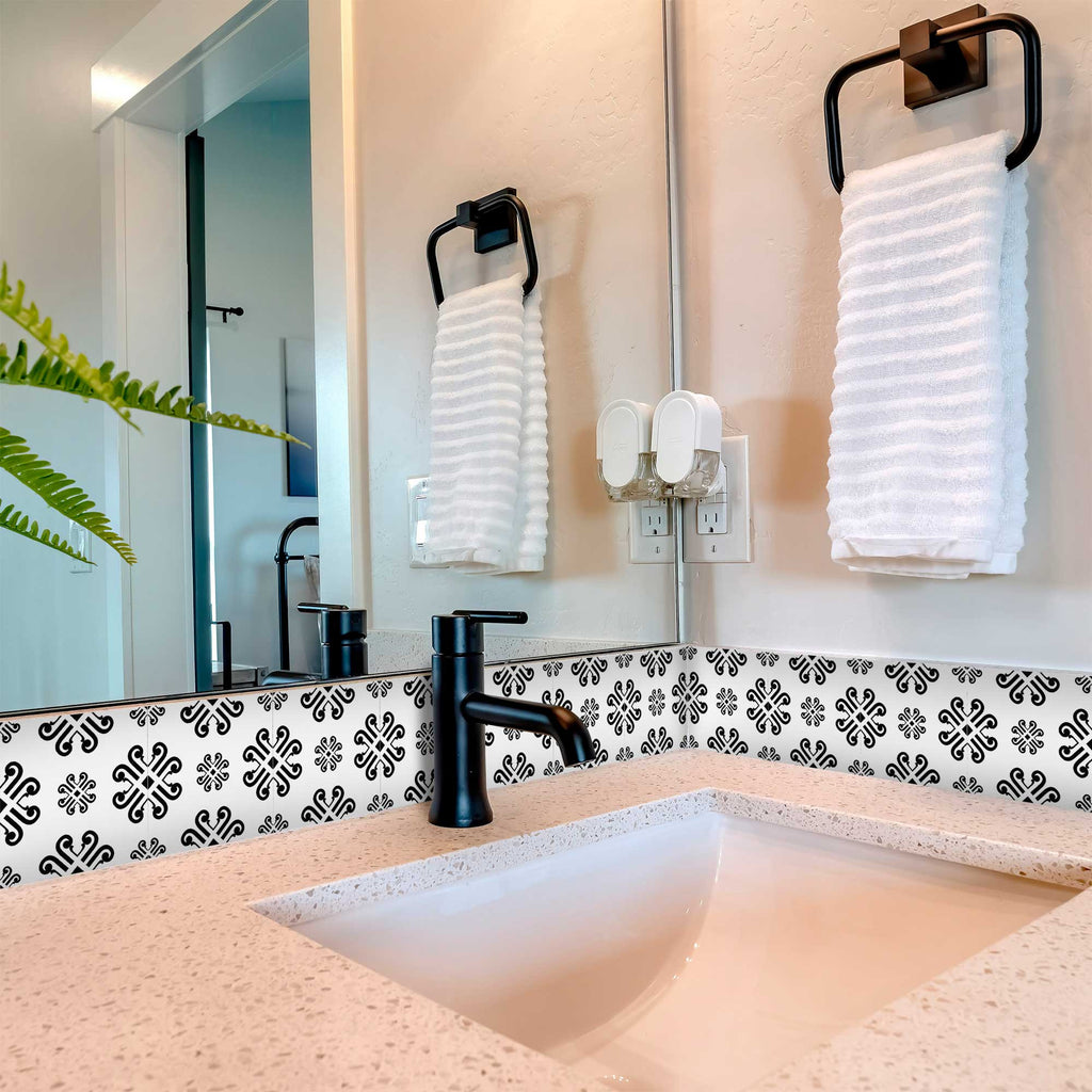 LuxxHomes  4" X 4" Black and White Daisy Peel and Stick Removable Tiles