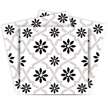 LuxxHomes  4" X 4" Black and White Lil Daisy Peel and Stick Removable Tiles