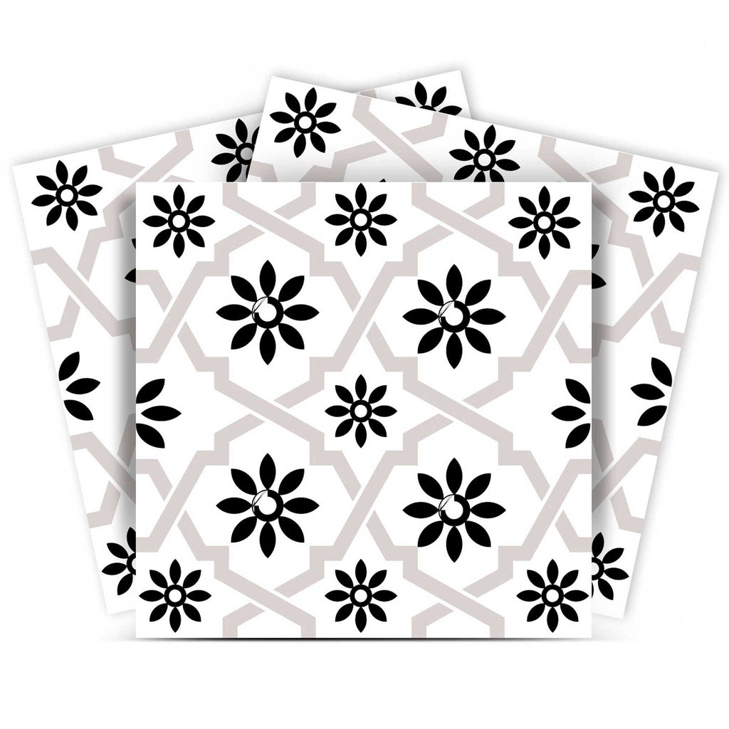 LuxxHomes  4" X 4" Black and White Lil Daisy Peel and Stick Removable Tiles