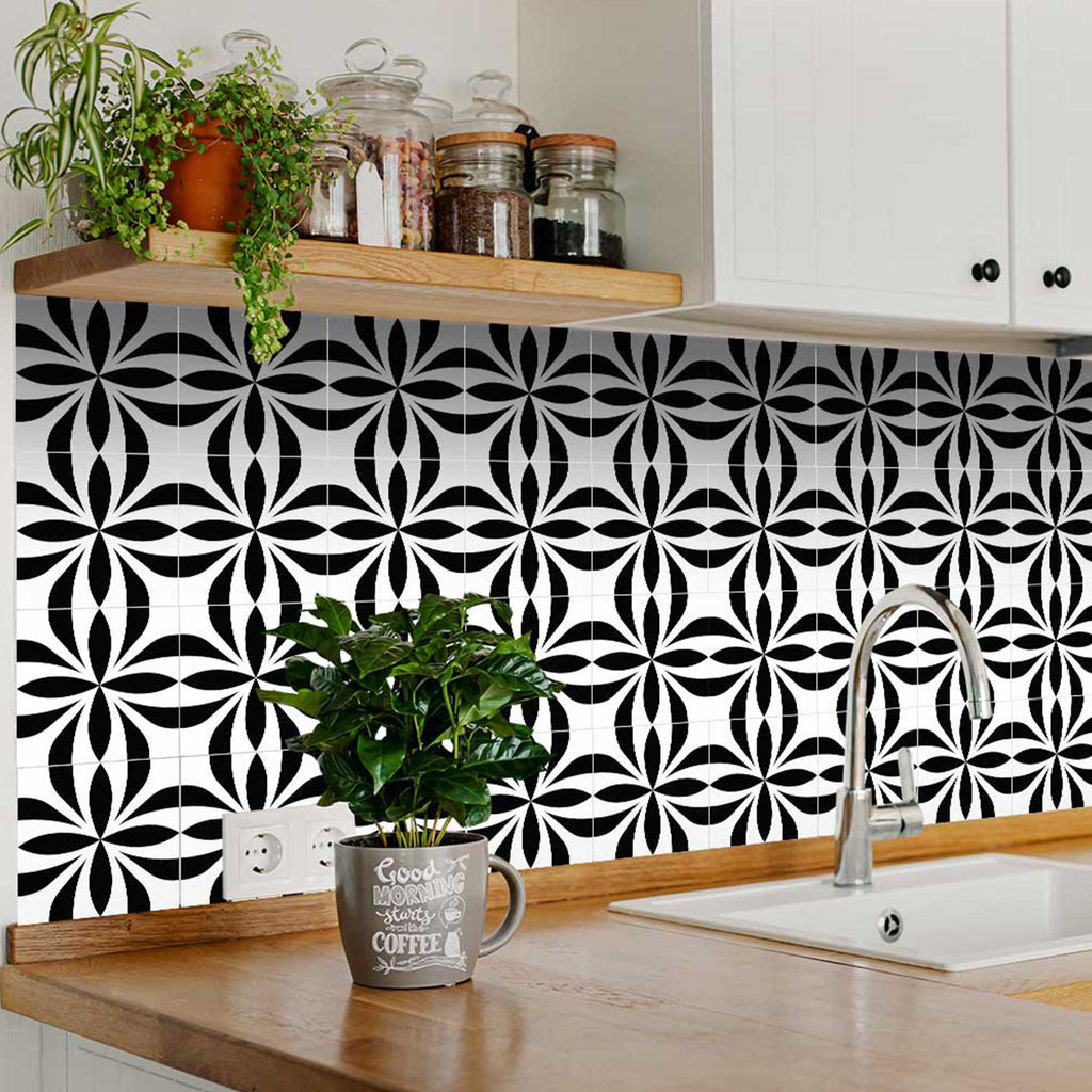 6" X 6" Intertwined Black And Cream Peel And Stick Removable Tiles