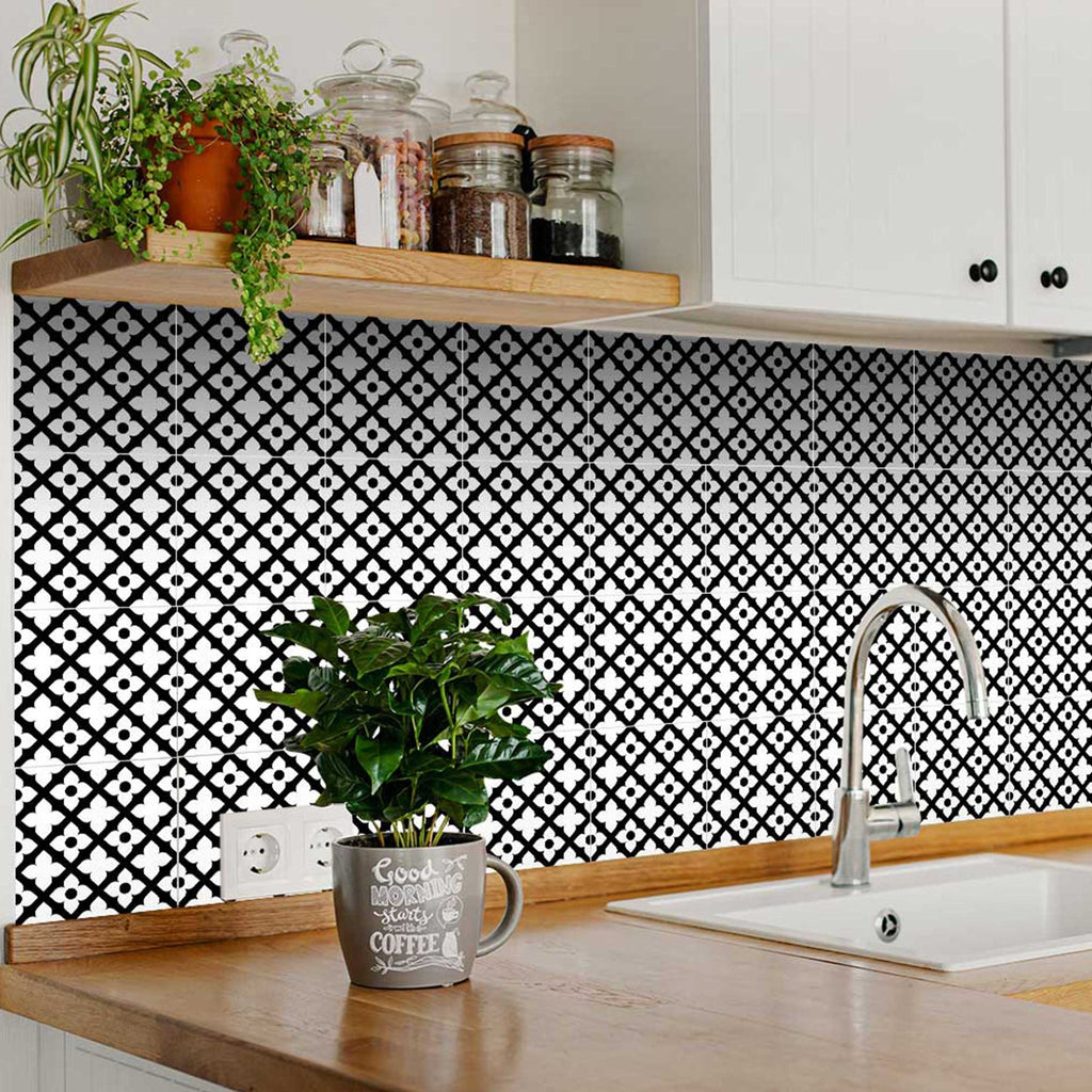 LuxxHomes  4" X 4" Black and White Dia Peel and Stick Removable Tiles