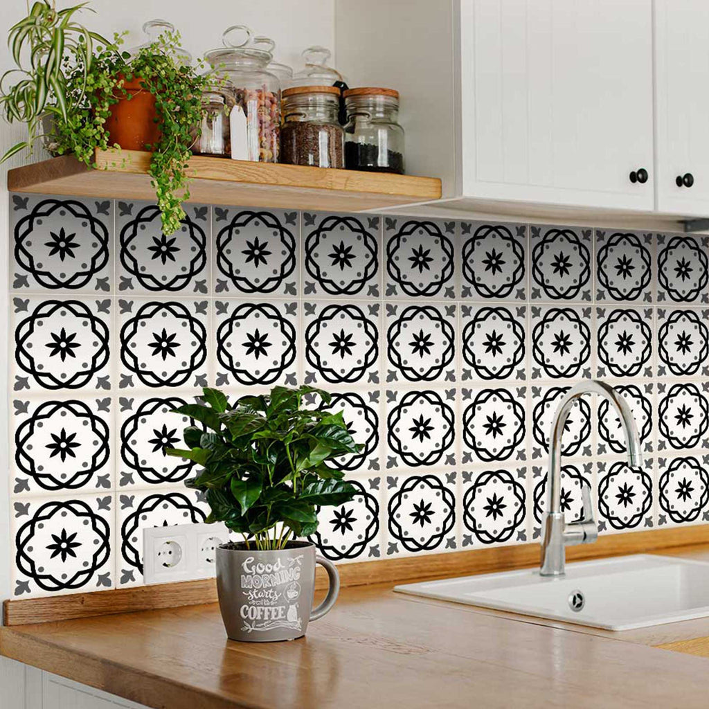 LuxxHomes  4" X 4" Black and White Rolla Peel and Stick Removable Tiles