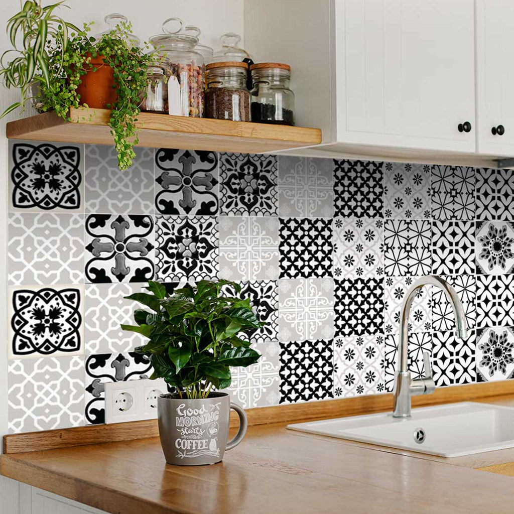 LuxxHomes  4" X 4" Black White and Gray Bella Peel and Stick Tiles