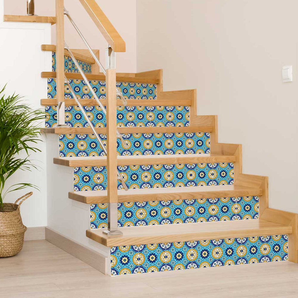 LuxxHomes  4" X 4" Aqua Floral Peel and Stick Removable Tiles