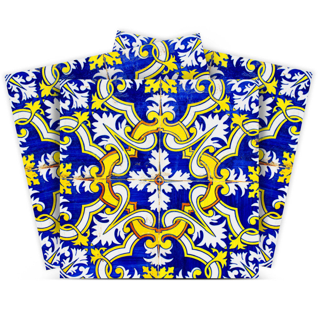 LuxxHomes  4" X 4" Blue and Yellow Links Peel And Stick Tiles