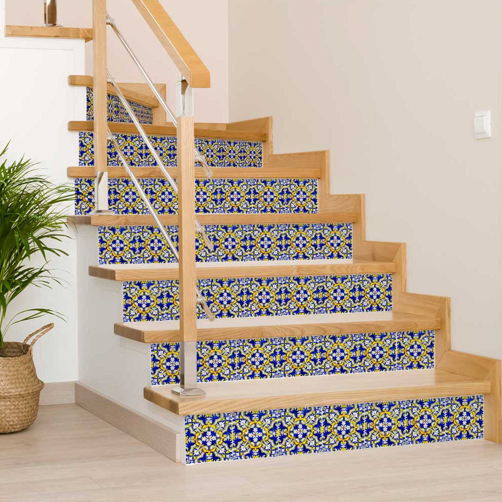 LuxxHomes  4" X 4" Blue and Yellow Links Peel And Stick Tiles