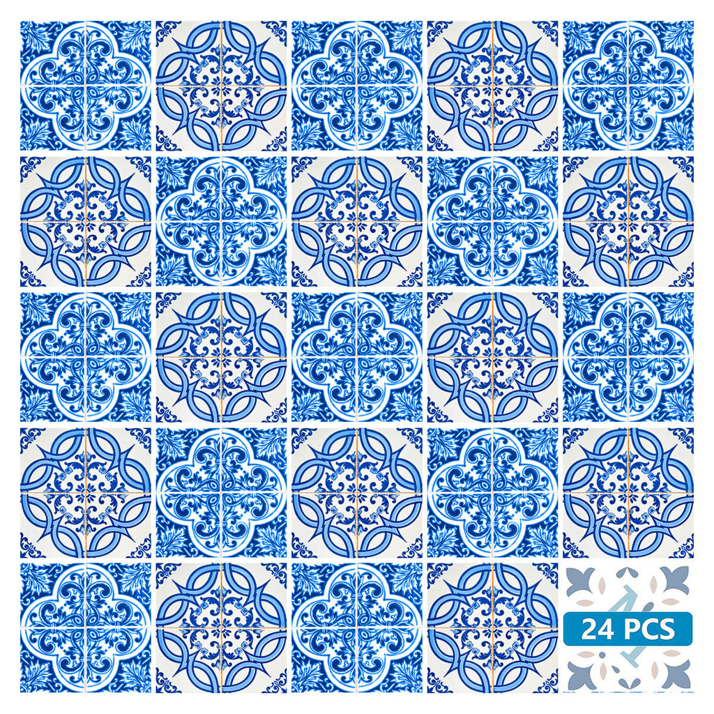 LuxxHomes  4" X 4" Blue and White Medi Peel And Stick Tiles