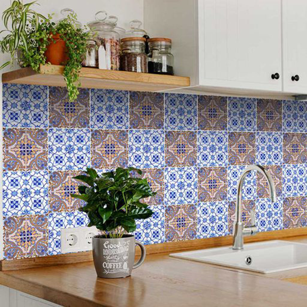 LuxxHomes  4" X 4" Blue and Muted Taupe Peel And Stick Tiles