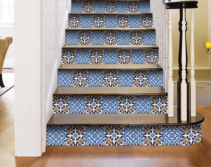 LuxxHomes  4" X 4" Blue White Golden Peel And Stick Tiles