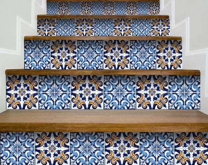 LuxxHomes  4" X 4" Blue White Golden Peel And Stick Tiles