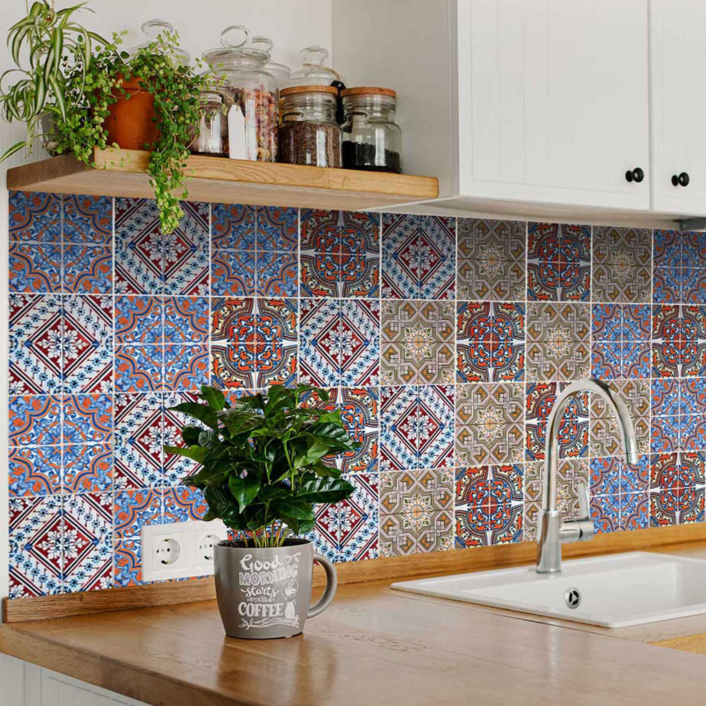 LuxxHomes  4" X 4" Blue Warm Tones Mosaic Peel And Stick Tiles