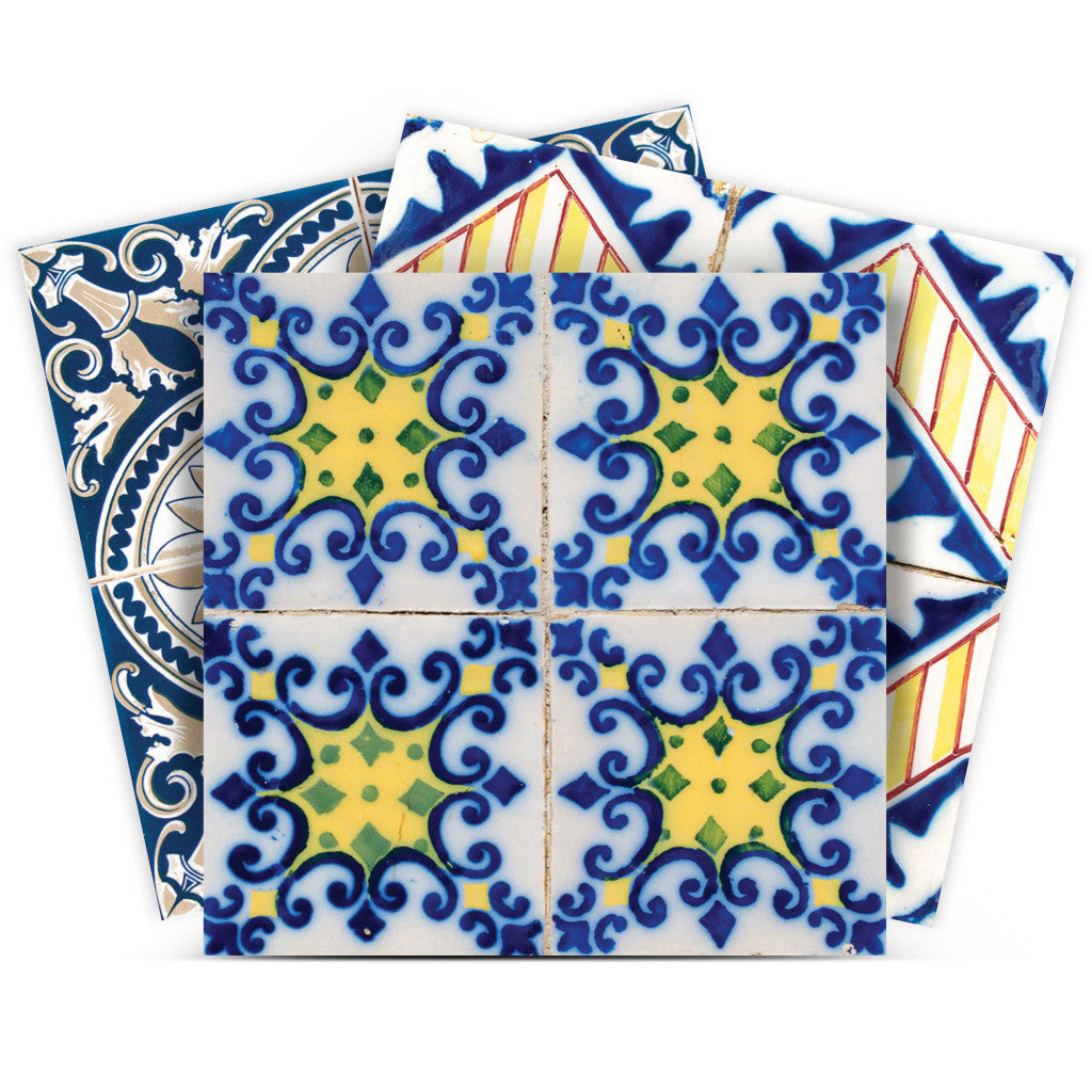 LuxxHomes  4" X 4" Blue Yellow Julia Peel And Stick Tiles