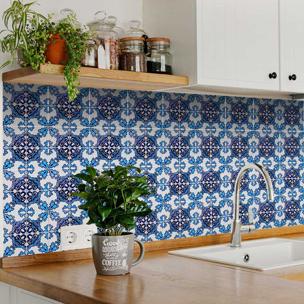 LuxxHomes  4" X 4" Blue Nelly Removable Peel And Stick Tiles