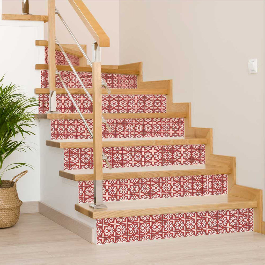 LuxxHomes  4" x 4" Brick Red And White Scroll Peel and Stick Removable Tiles