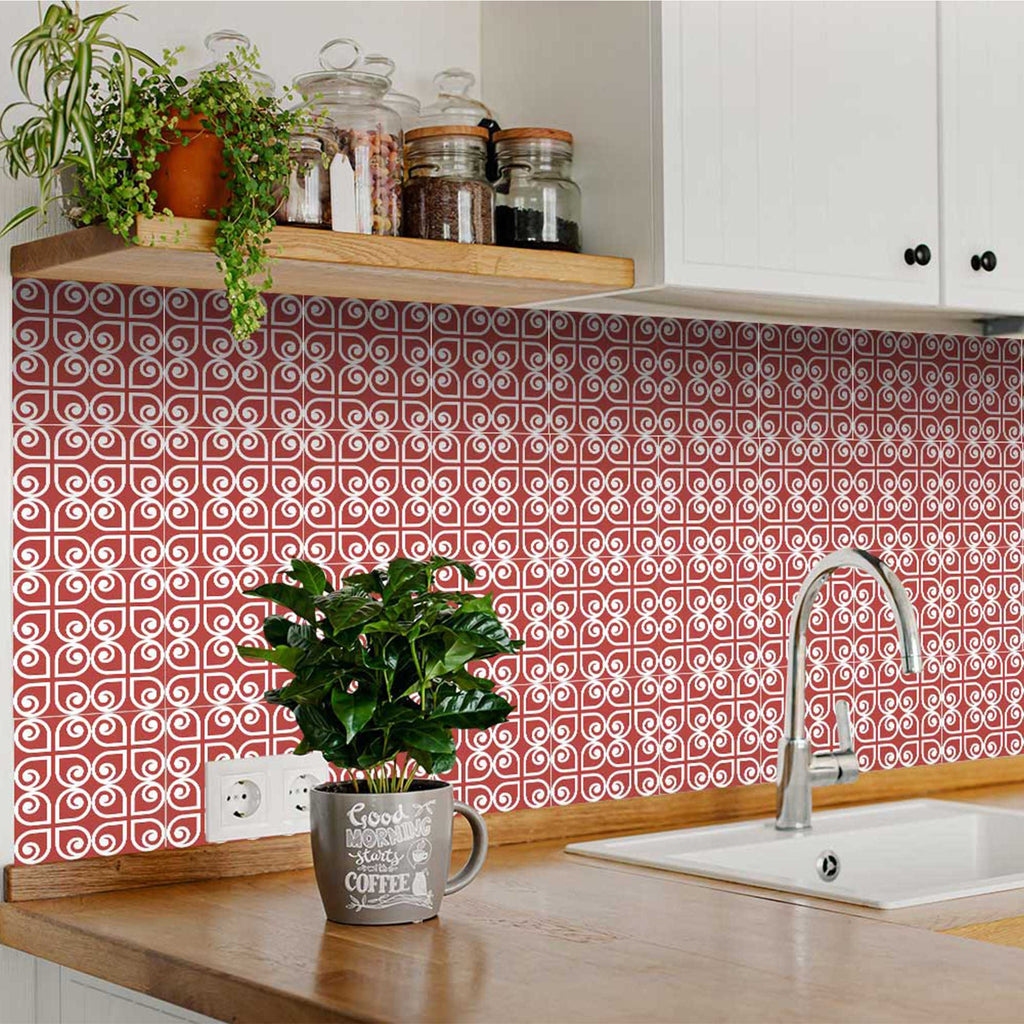 LuxxHomes  4" x 4" Brick Red And White Scroll Peel and Stick Removable Tiles