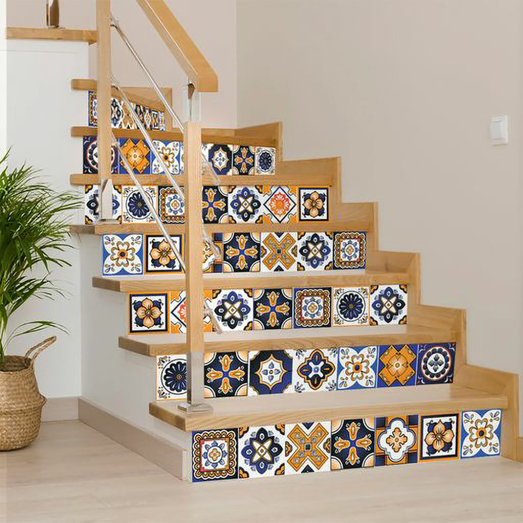 LuxxHomes  4" x 4" Shades of Blue and Yellow Mosaic Peel and Stick Removable Tiles