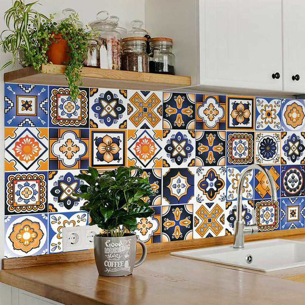 LuxxHomes  4" x 4" Shades of Blue and Yellow Mosaic Peel and Stick Removable Tiles