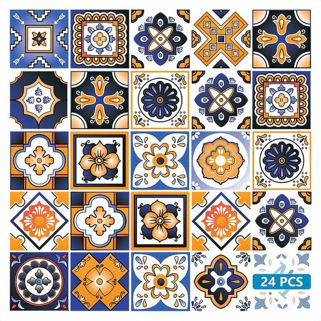 LuxxHomes  4" x 4" Shades of Blue and Yellow Mosaic Peel and Stick Removable Tiles