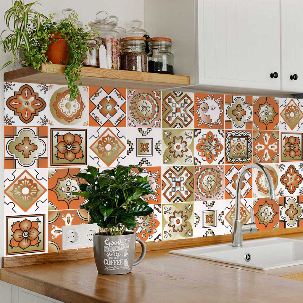 LuxxHomes  4" x 4" Retro Orange Mosaic Peel and Stick Removable Tiles