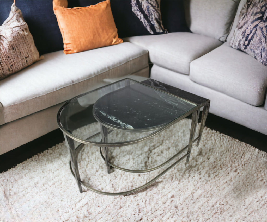 Set of 2 Black Marble Top and Glass Coffee Tables