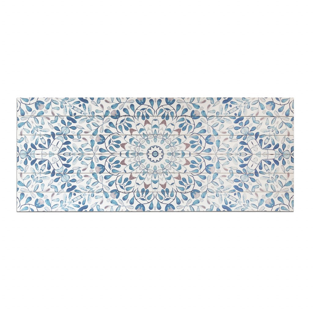 19" X 45" Shades of Blue Ornate Floral Medallion Wood Plank Wall Art