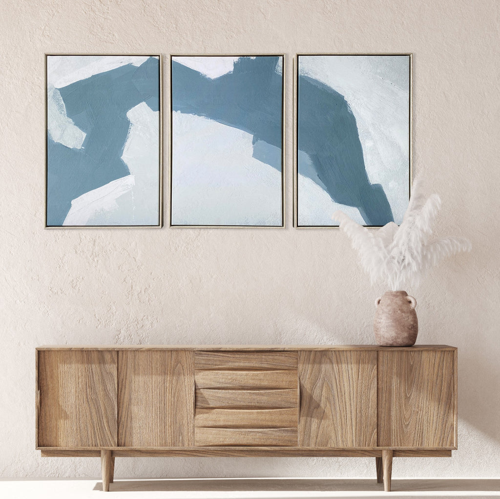 Set Of Three Blues and Grays Abstract Framed Canvas Wall Art Floater Frame Graphic Art Wall Art