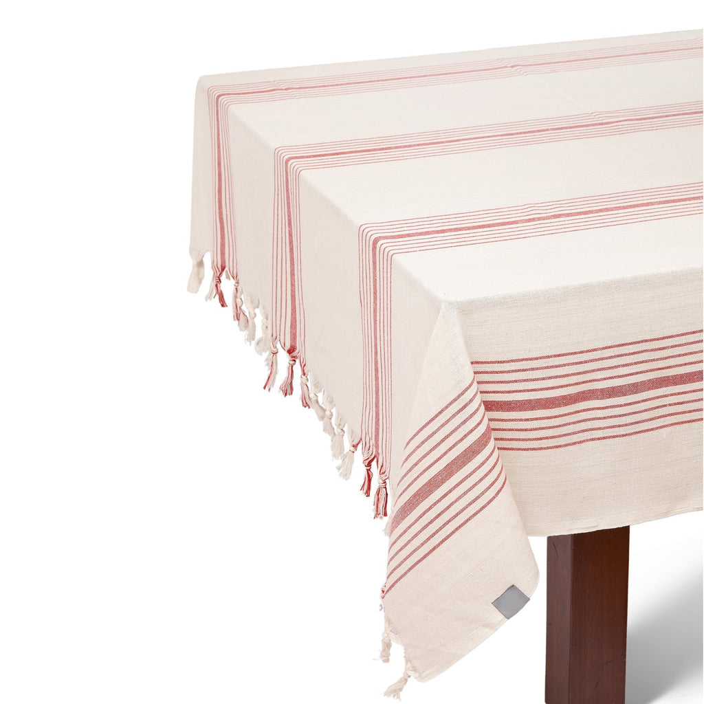 LuxxHomes  Boho Red and Cream Striped Tablecloth Set