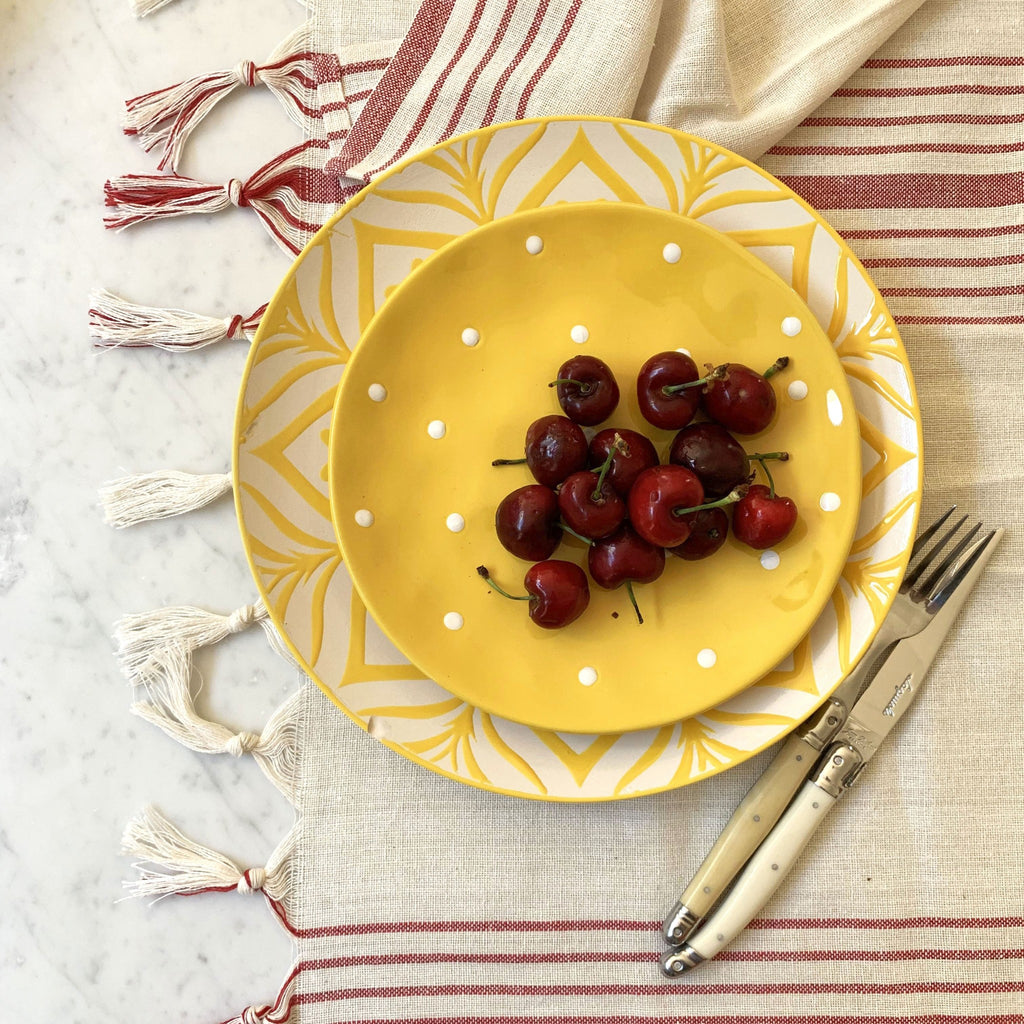 LuxxHomes  Boho Red and Cream Striped Tablecloth Set