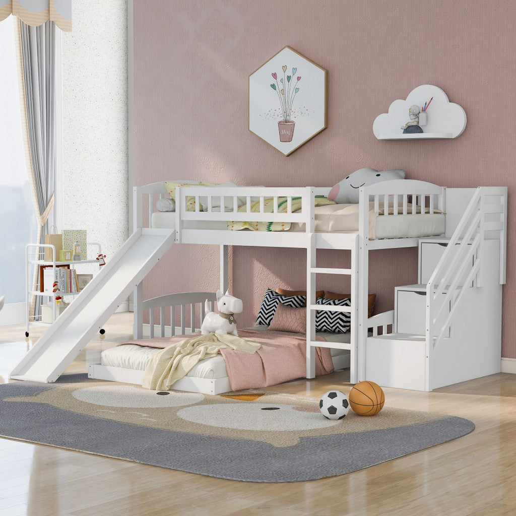 LuxxHomes  White Twin Over Twin Perpendicular Bunk Bed with Storage Stairs and Slide