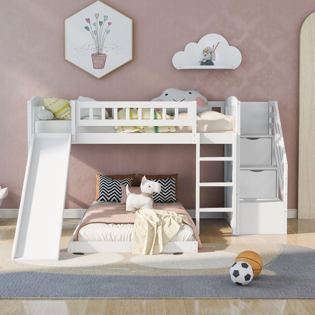 LuxxHomes  White Twin Over Twin Perpendicular Bunk Bed with Storage Stairs and Slide