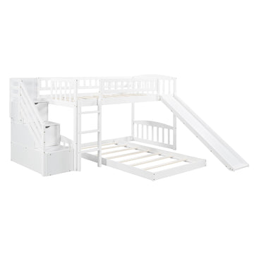 LuxxHomes  White Twin Over Twin Perpendicular Bunk Bed with Storage Stairs and Slide