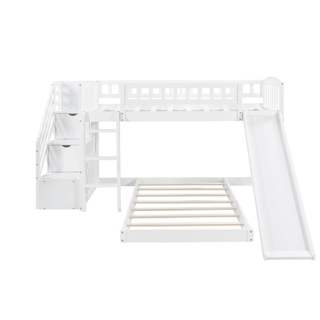 LuxxHomes  White Twin Over Twin Perpendicular Bunk Bed with Storage Stairs and Slide