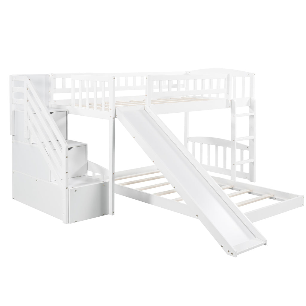 LuxxHomes  White Twin Over Twin Perpendicular Bunk Bed with Storage Stairs and Slide