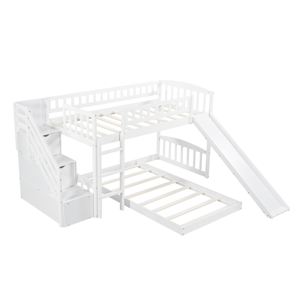 LuxxHomes  White Twin Over Twin Perpendicular Bunk Bed with Storage Stairs and Slide