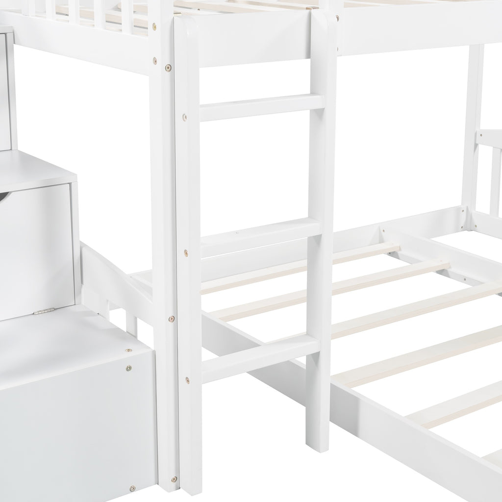 LuxxHomes  White Twin Over Twin Perpendicular Bunk Bed with Storage Stairs and Slide