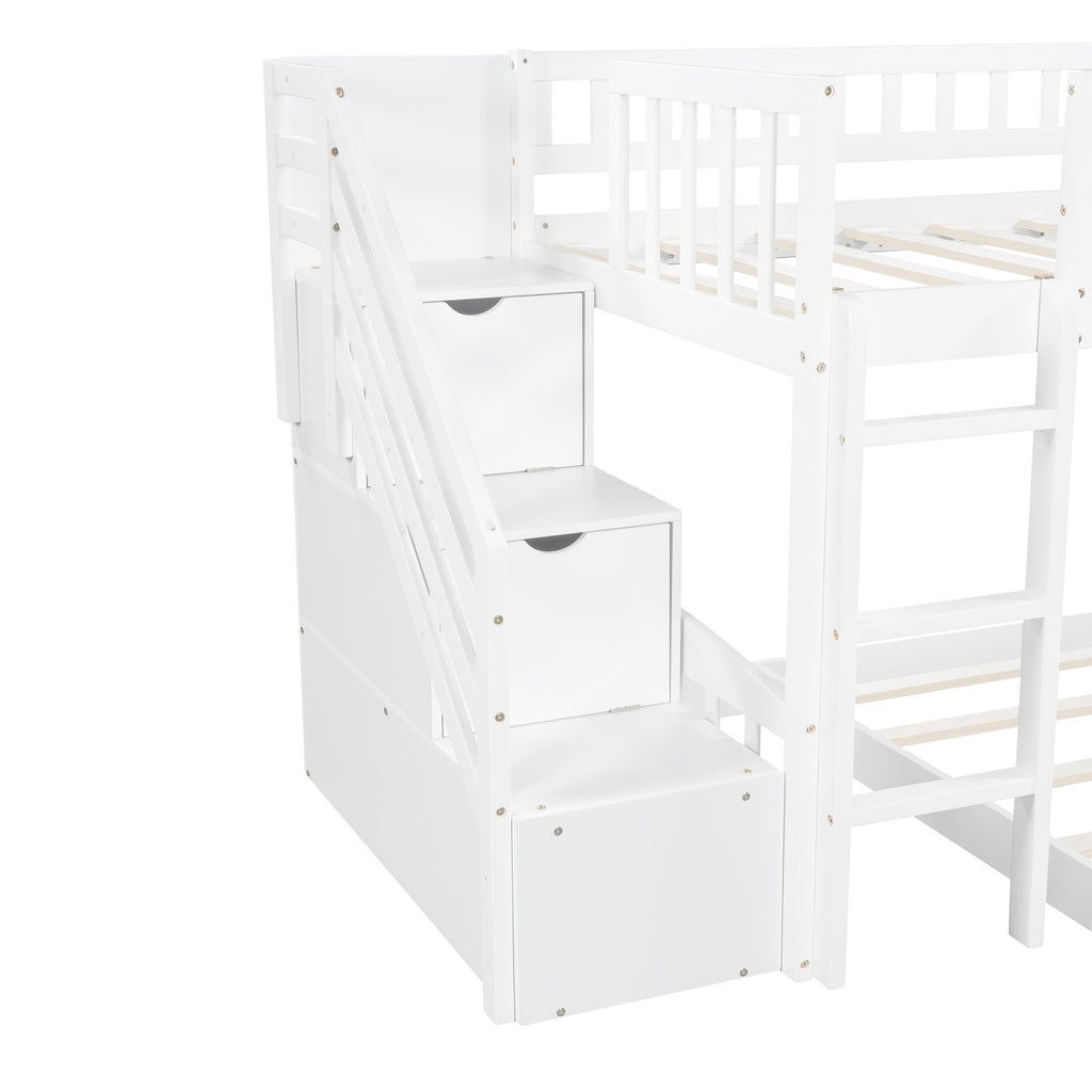 LuxxHomes  White Twin Over Twin Perpendicular Bunk Bed with Storage Stairs and Slide