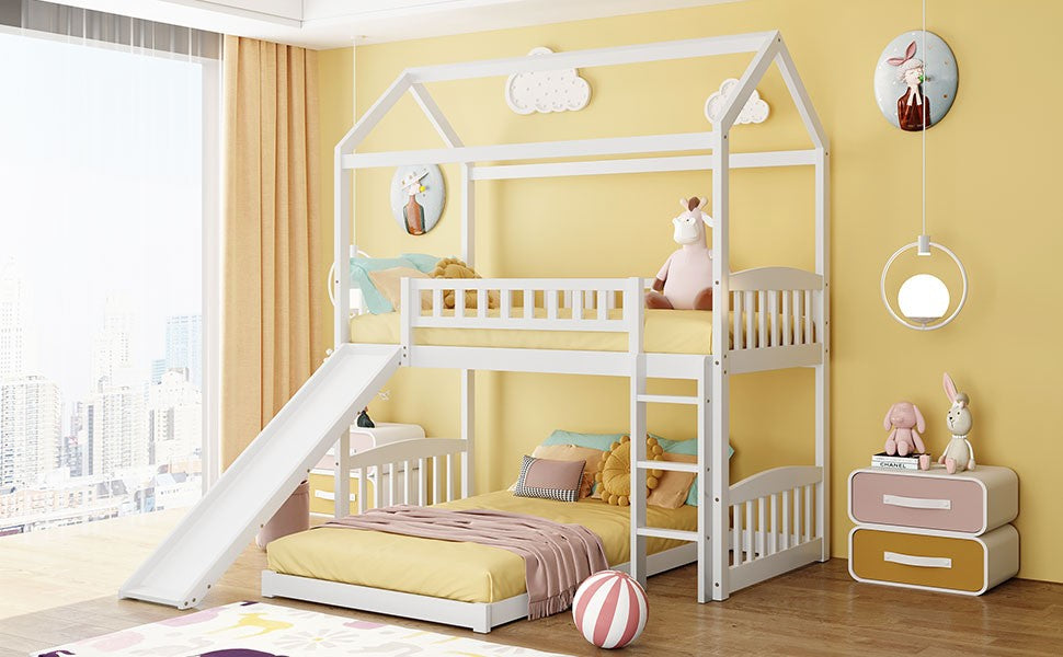 LuxxHomes  White Playhouse Frame Full Over Full Perpendicular Bunk Bed with Slide