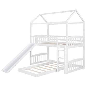 LuxxHomes  White Playhouse Frame Full Over Full Perpendicular Bunk Bed with Slide