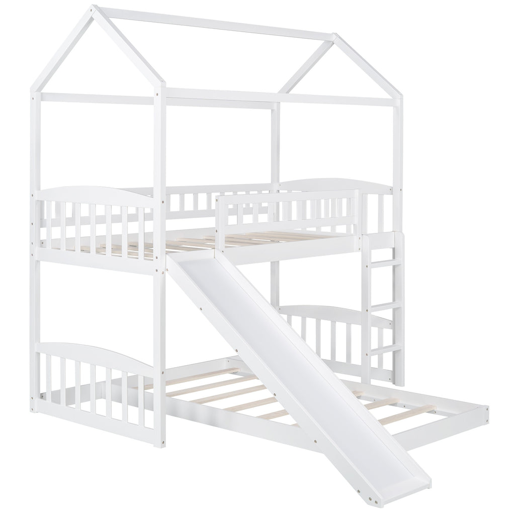 LuxxHomes  White Playhouse Frame Full Over Full Perpendicular Bunk Bed with Slide