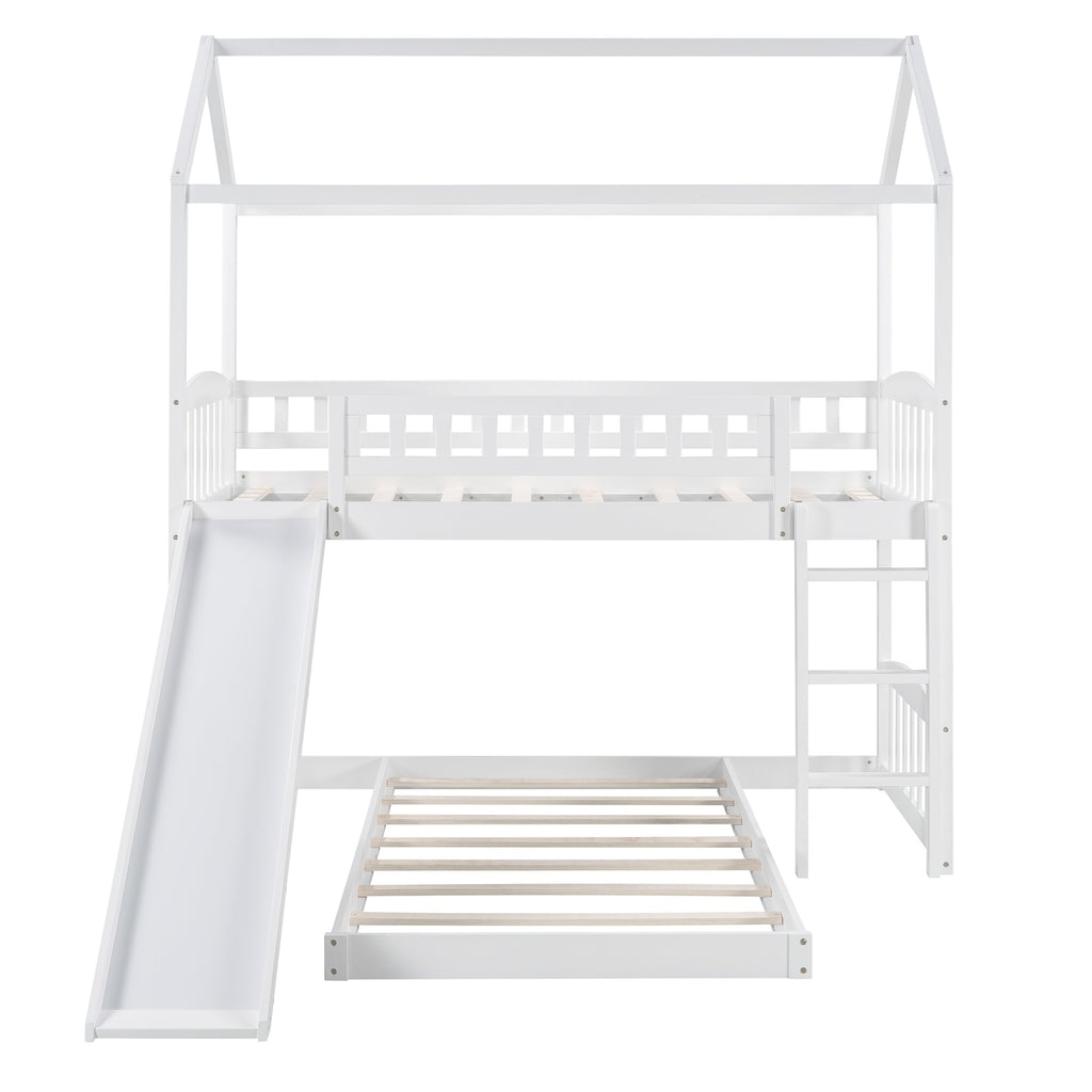 LuxxHomes  White Playhouse Frame Full Over Full Perpendicular Bunk Bed with Slide