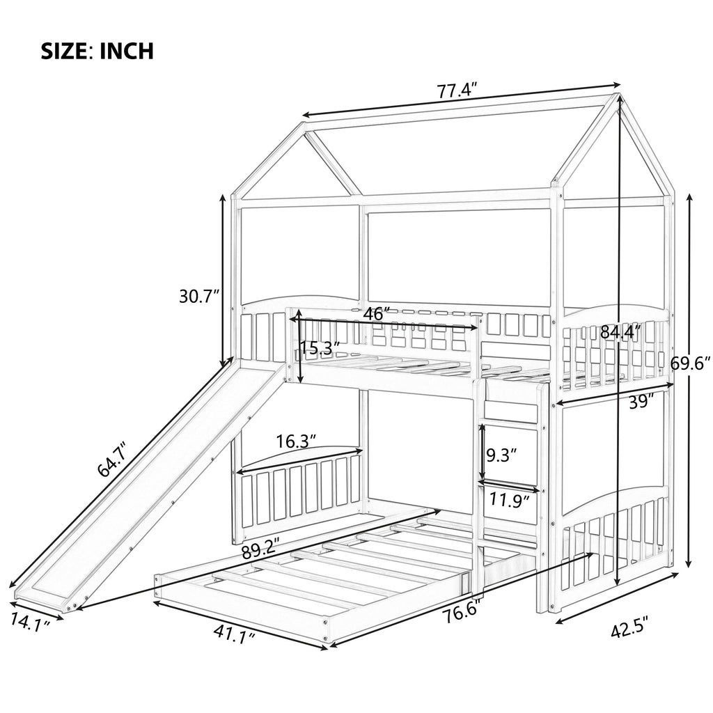 LuxxHomes  White Playhouse Frame Full Over Full Perpendicular Bunk Bed with Slide