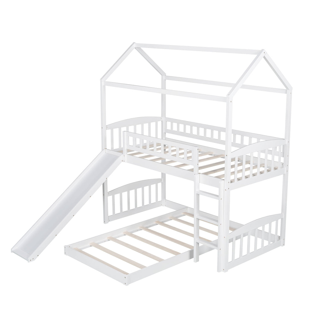 LuxxHomes  White Playhouse Frame Full Over Full Perpendicular Bunk Bed with Slide