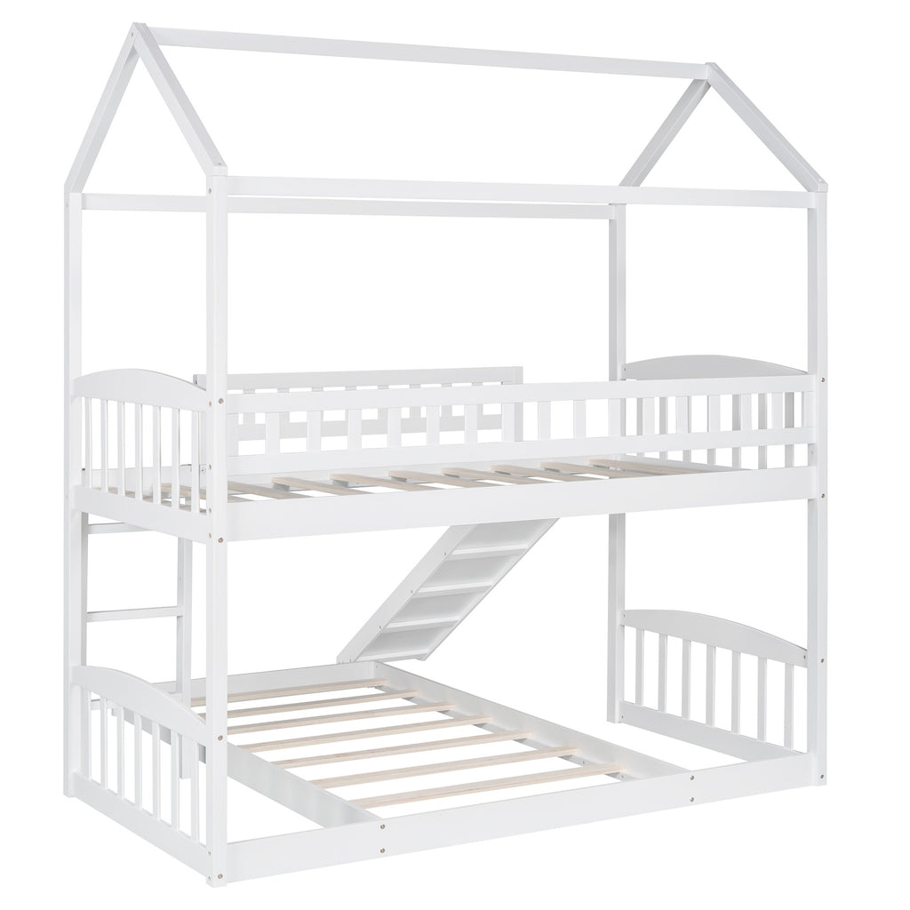 LuxxHomes  White Playhouse Frame Full Over Full Perpendicular Bunk Bed with Slide