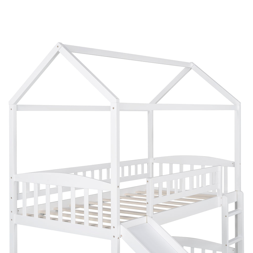 LuxxHomes  White Playhouse Frame Full Over Full Perpendicular Bunk Bed with Slide